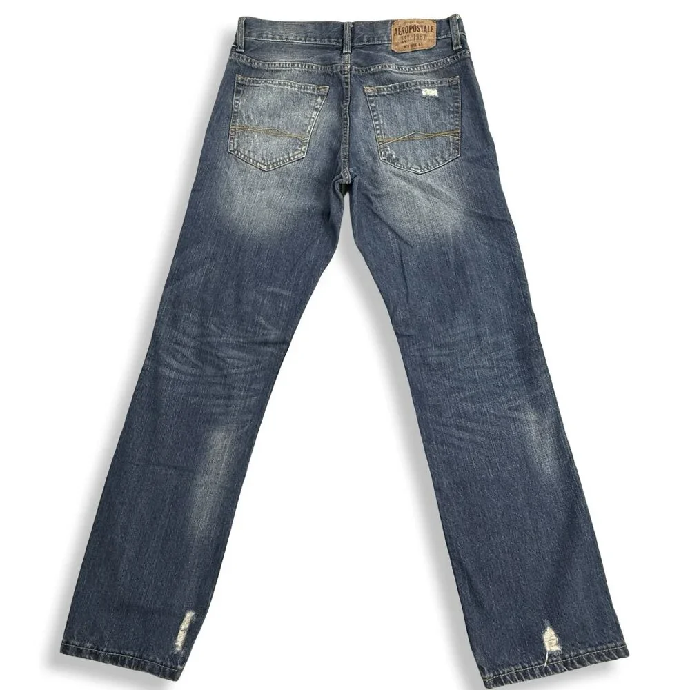 Aeropostale Essex Straight Leg Jeans Mens 30 Blue Distressed Ripped Grunge Denim